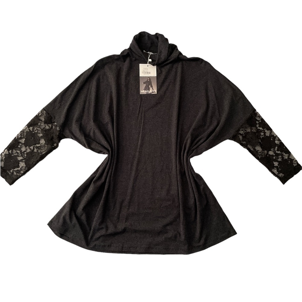 MILAN KISS Anthracite Turtle Neck Women’s Gray With Black Lace Sleeves Top Sz XL